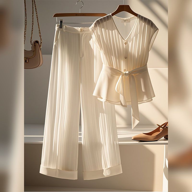 Abbigliamento da donna Abbina un set completo di temperamento capace Abbigliamento da donna con un piccolo stile di fragranza Top in chiffon bianco Pantaloni a gamba larga Completo_voghion.com