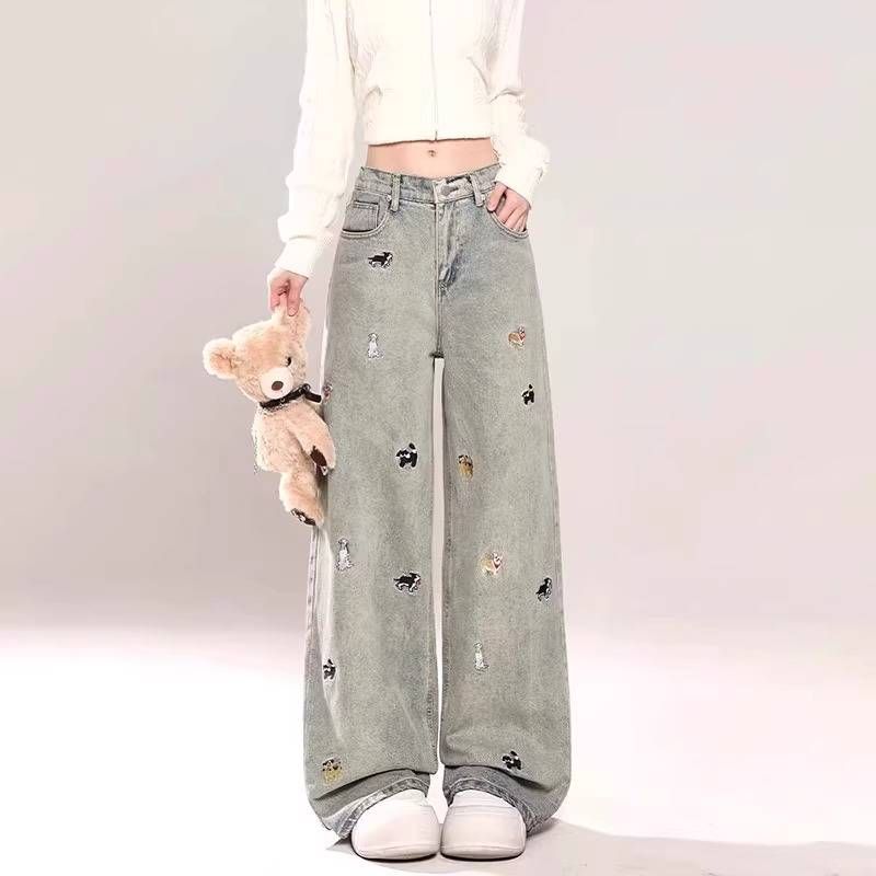 Cartoon Puppy Embroidered Straight-leg Jeans For Women, Large Size, High Waist, Loose And Slimming, Washed And Aged Wide-leg Pants_voghion.com