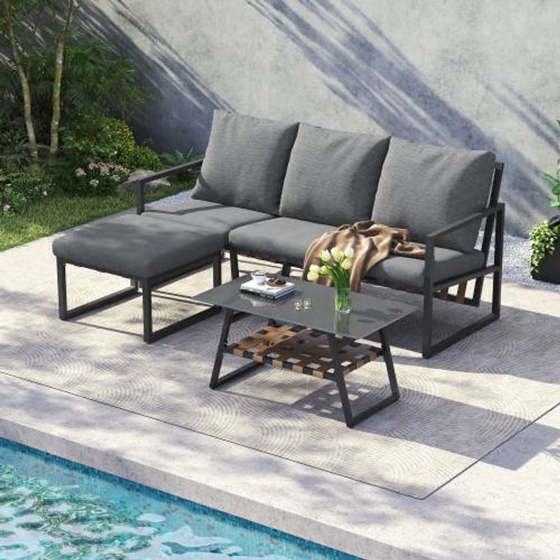 Garden Furniture Set, Corner Furniture, Sofa + Coffee Table + Armchair, Galvanized Steel Tube, Glass Table Top_voghion.com