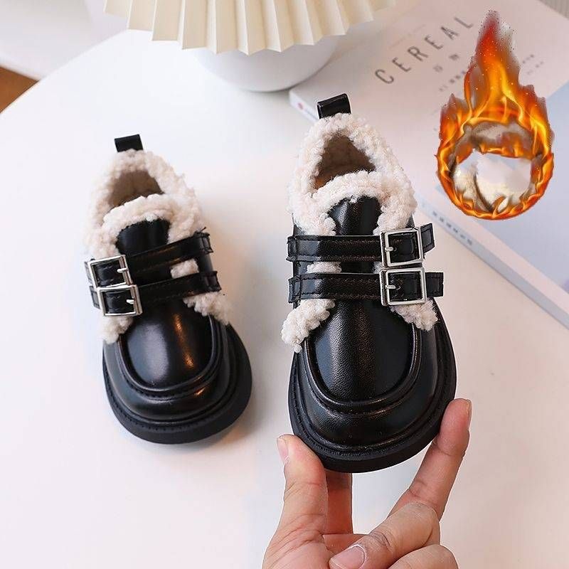 Children's Leather Shoes 2025 Winter New Fleece Loafers For Boys And Girls_voghion.com