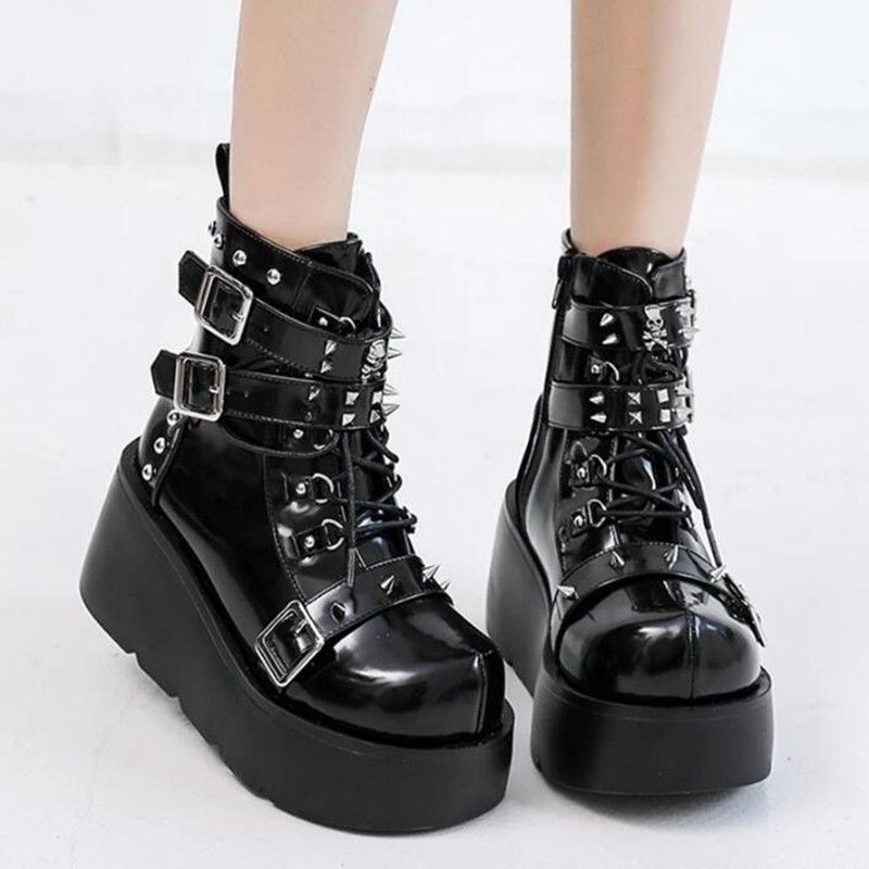 NEW Ladies Wedges High Heels Boots Metal Decor Buckle-Punk Platform Females Boots Party Gothic Street Woman Shoes Knight Boots_voghion.com