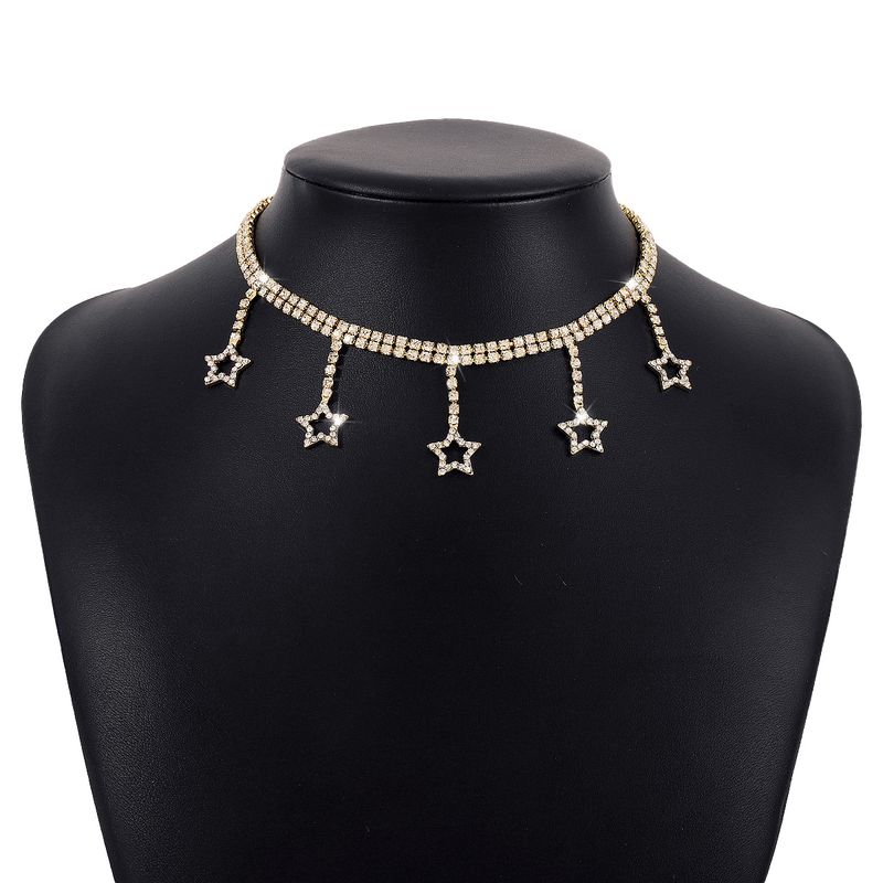 10556 Collana con catena a forma di stella a cinque punte, con diamanti, strass, nappa, elegante e sexy._voghion.com
