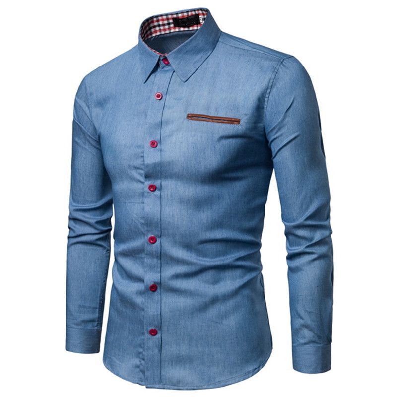 Spring and Autumn Casual Pocket Collar Cotton Slim Fit Long Sleeve Denim Shirt Men's_voghion.com