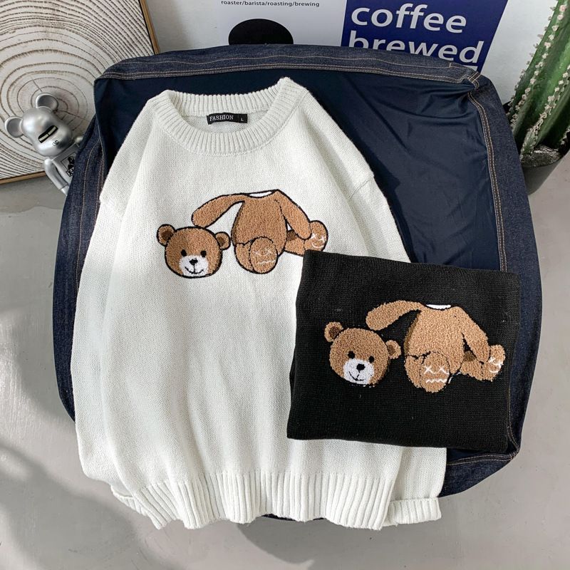 Men's Clothing Autumn And Winter Ins Sweater Men's Trendy Korean Version Of Bear Embroidery Couple Wear Pullover Long Sleeved Sweater Bf_voghion.com