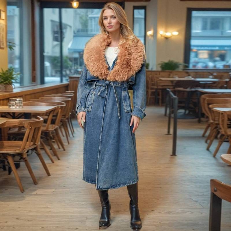 Women's Clothing Elegant Long Denim Trench Coat For Women With Belted Waist, Faux Fur Collar & Stylish Patchwork Design​_voghion.com