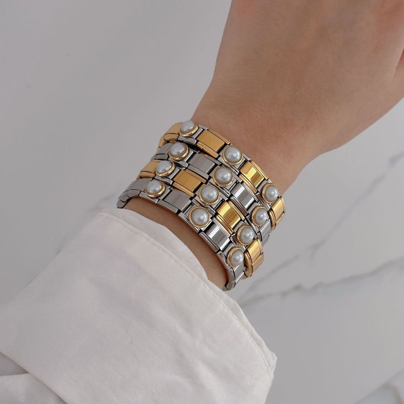 Bracciale elastico in acciaio inossidabile placcato oro con perle, stile Ins, per donna_voghion.com