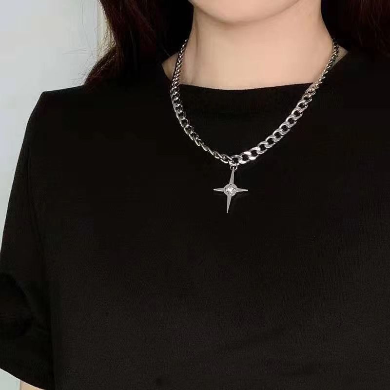 Fashion Titanium Steel Sweet Cool Trendy Girl Necklace Cross Star Pendant Metal Thick High-end Clavicle Chain_voghion.com