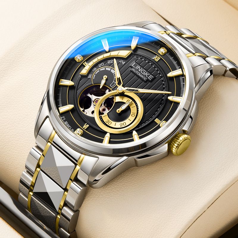 Men's Automatic Skeleton Mechanical Watch With Large Dial, Black Racing Design, Stainless Steel Case And Band, Sapphire Crystal, Luminous Hands_voghion.com