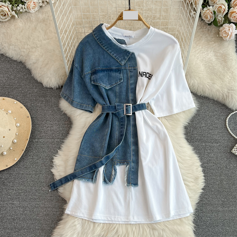Îmbrăcăminte pentru femei, cămașă din denim cu guler rotund, blocuri de culoare, primăvară, top casual elegant, lungime medie_voghion.com