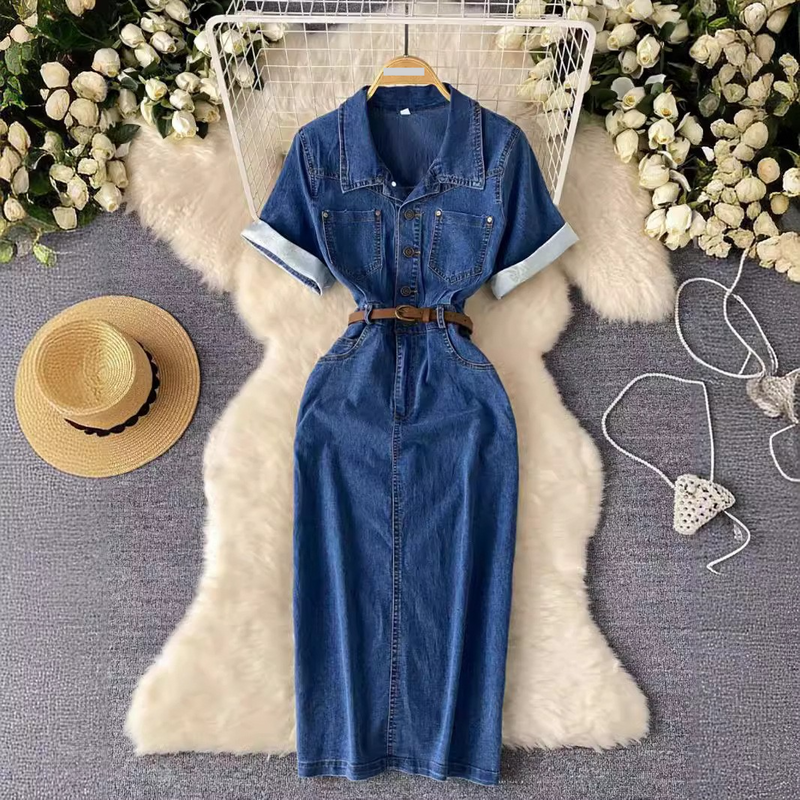 Dameskleding eenvoudige high-end denimjurk met polokraag, zomerriem voor dames, slank splitontwerp, temperament lang_voghion.com
