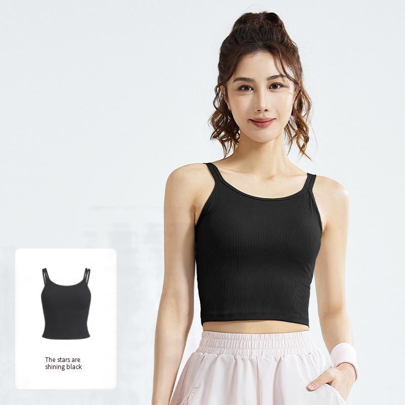 Women's Clothing New Striped Double Shoulder Strap Vest Soft High Elastic Breathable U Shaped Beautiful Back Fixed Chest Pad Sports Vest_voghion.com