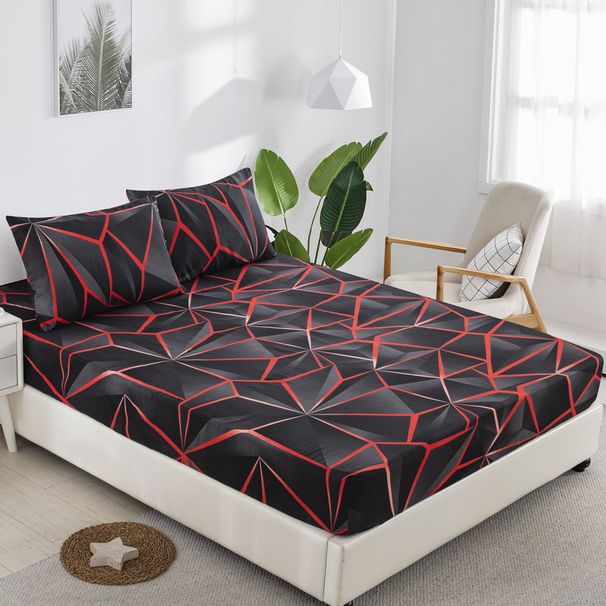 Black & Red Geometric Fitted Sheet - Modern 3D Polyester Bed Cover With Deep Pocket For Twin, Full, Queen & King Mattresses_voghion.com