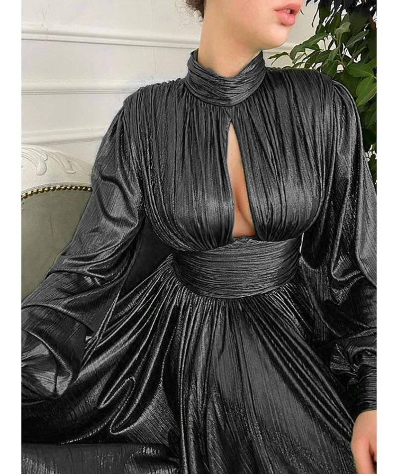 Women's Clothing Spring And Summer Color Waist Halterneck Wide Swing Sexy Avocado Green Dress Solid Color Long Skirt_voghion.com