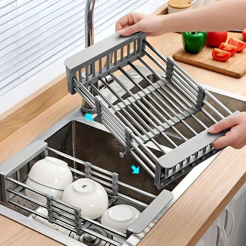 Adjustable Over-The-Sink Dish Drying Rack with Stainless Steel Drain Basket - Portable & Telescopic Space-Saving Solution for fruit vegetable_voghion.com
