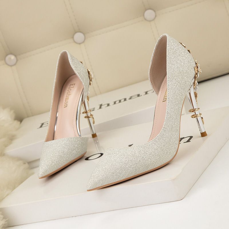 Women's Shoes Light Luxury Sexy Women's Shoes Metal Flower Stiletto High Heel Side Hollow Wedding Shoes Pointed Gold Powder Single Shoes_voghion.com
