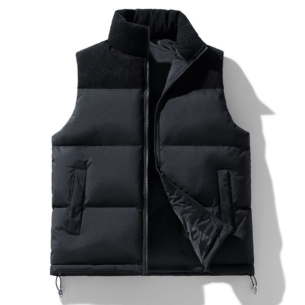Men's Color-Block Sleeveless Vest, Thickened Warm Winter Waistcoat With Stand Collar & Double Breasted Design_voghion.com