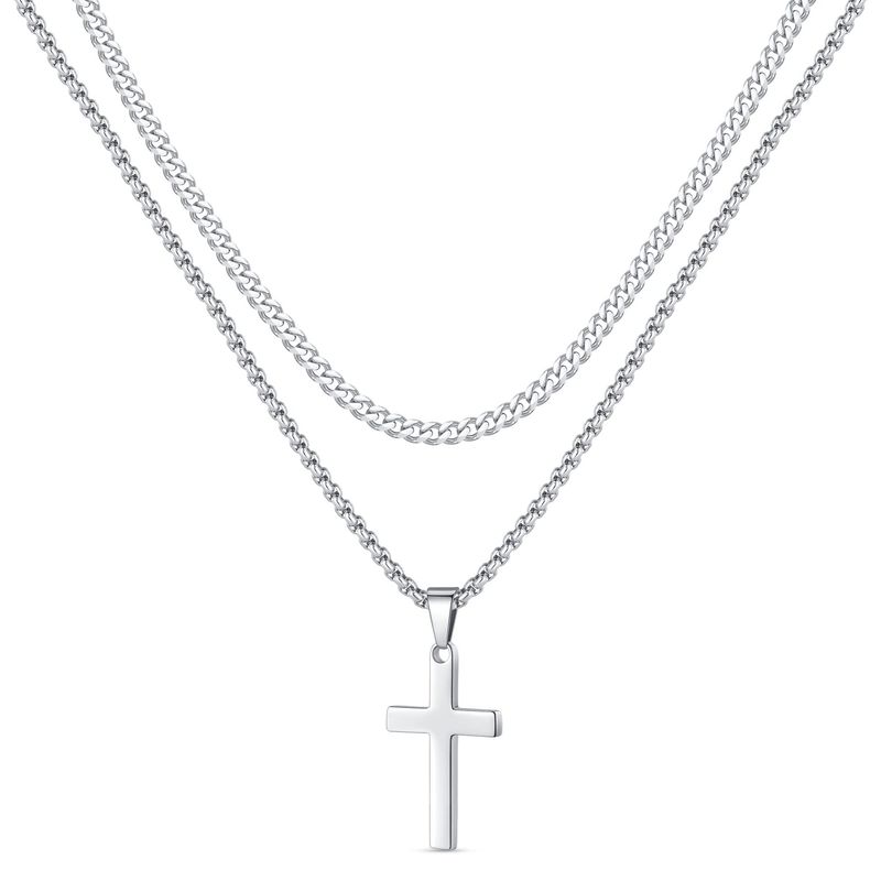 Collana da uomo in acciaio inossidabile con catena cubana, ciondolo a croce a strati in oro, argento e nero_voghion.com