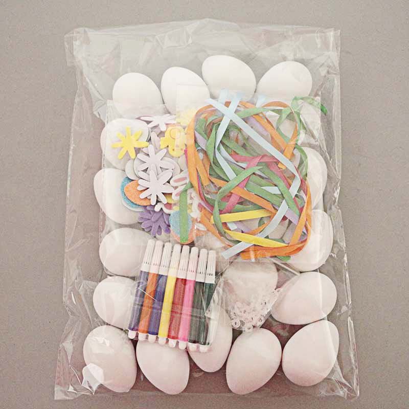 25 bags of white Easter eggs with holes, simulated eggs with ribbons and watercolor pen sticker set combination_voghion.com