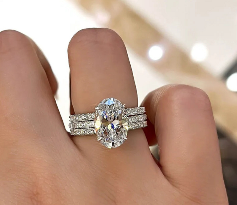 Classic Three - Set Zircon Oval Engagement Ring With Large Loose Stone And Closed Three - Layer Full Diamond_voghion.com