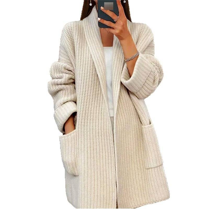 ​​Women’S Oversized V-Neck Cardigan – Thick Knit Open Front Sweater With Pockets (Cream/Camel) – Cozy Winter & Fall Layering Essential​​_voghion.com