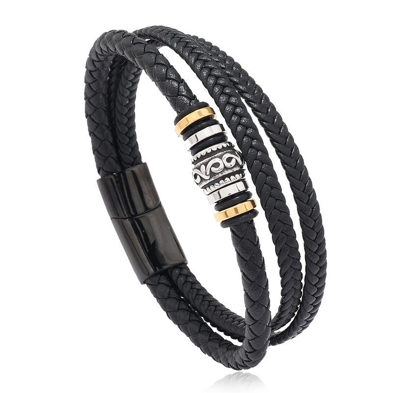 Multi-layer woven men's leather Simple fashion magnet buckle National style bracelet_voghion.com