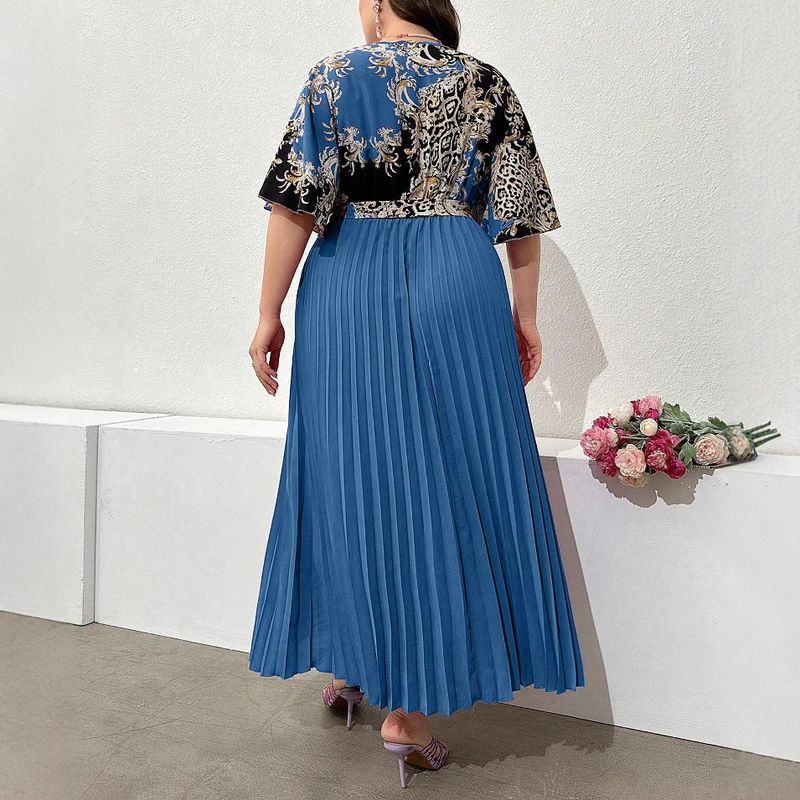Vintage Floral Maxi Dress With Pleated Detail High Waist Elegant Boho Dress For Women, Plus Size 0XL-4XL V-Neck & Belted_voghion.com