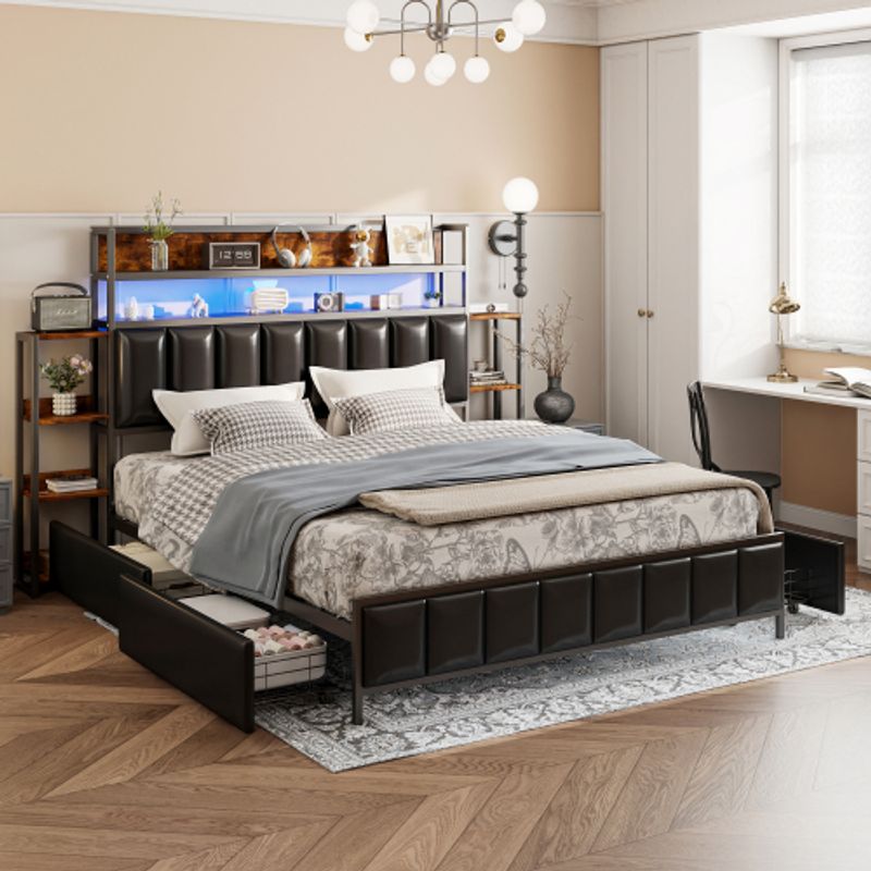 Polsterbett 160*200 Cm, Mit Mehreren Einlegeböden, Mit LED-Beleuchtung, Mit Ablagefächern, Kopfteil Mit Stauraum, Bettrahmen Aus Massivem Eisen, Doppelbett, Kunstleder-Bettdecke, Schwarz_voghion.com