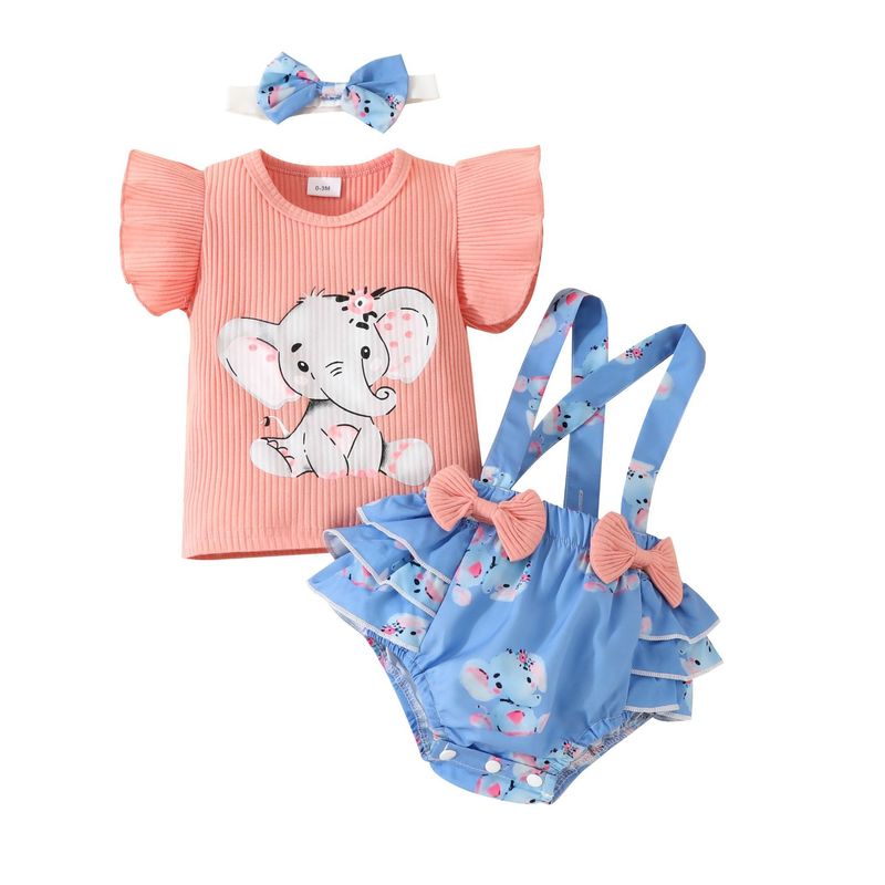 Mãe e filhos bebê elefante estampa pequena manga voadora camiseta top macacão borboleta shorts terno feminino_voghion.com