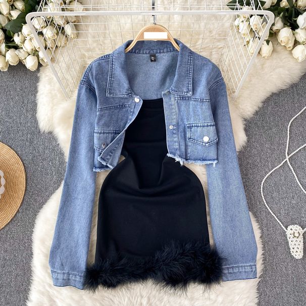 Women's Clothing Pure desire hot girl wear design sense fur dress female autumn wear new denim jacket fashionable two piece dress_voghion.com