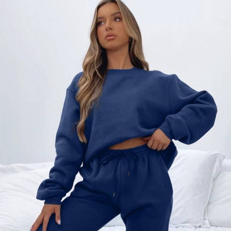 Damkläder enfärgad rund halsad tröja byxor dammode casual långärmad tröja damkostym_voghion.com