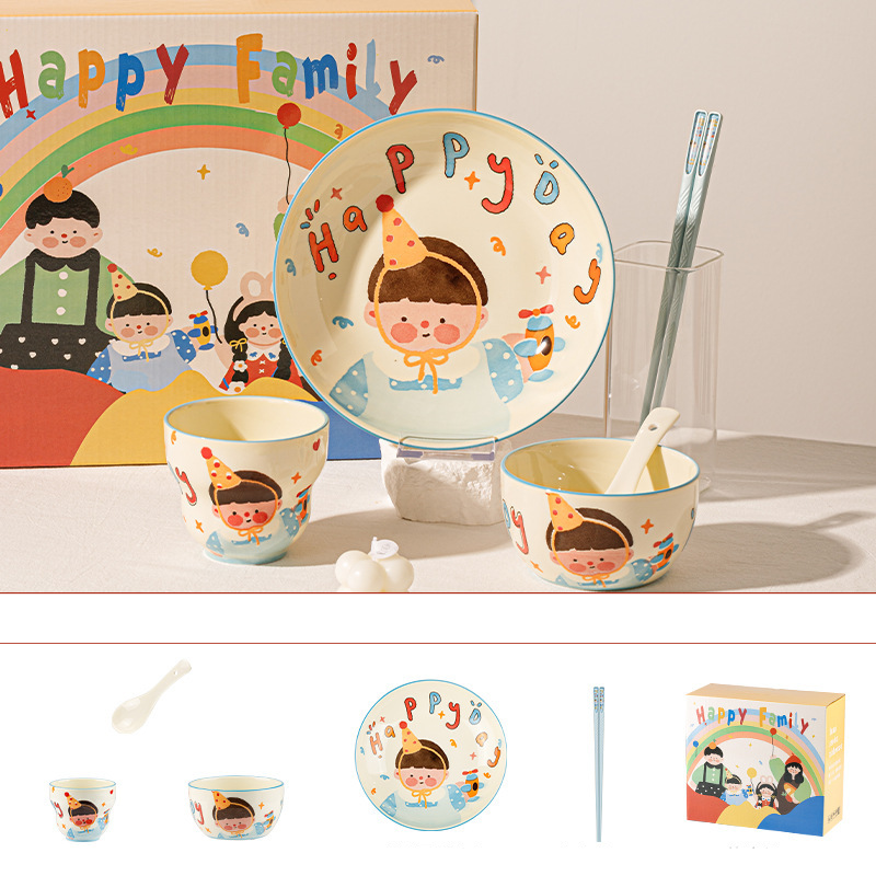 Family Of Four Parent Child Tableware Set Gift Household Bowls And Plates Ceramic Bowls Cartoon Rice Bowls Plates And Dishes Set_voghion.com