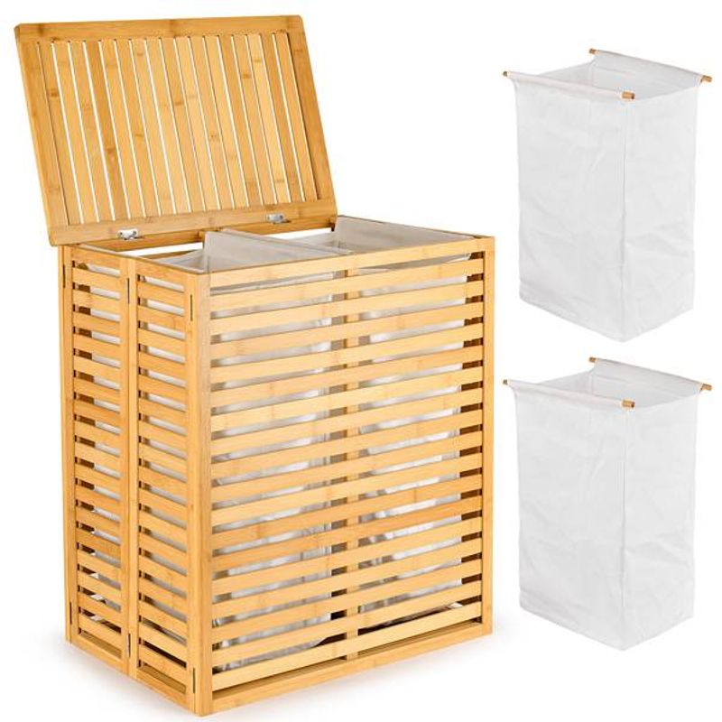 Bamboo Laundry Hamper With Lid – Foldable Clothes Basket With 2-Section Removable Liner Bag,_voghion.com
