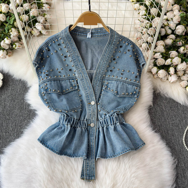 Women's Clothing Denim Vest With Waist Cinching & Rhinestone Details – Sleeveless Light Blue A-Line Vest For Elegant Layering (One Size)_voghion.com