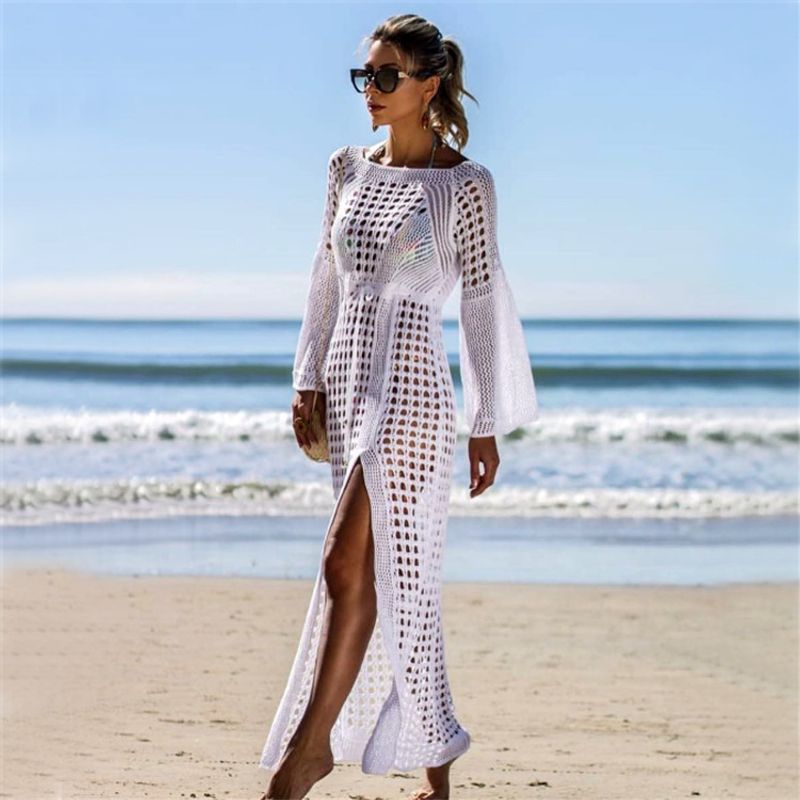 Damenbekleidung Sexy Hollow Knitted Beach Sexy Lace Knit Beach Cover Up Kleid Langarm Side Slit Sun Dress Bademode Transparent Cover Up für Frauen_voghion.com
