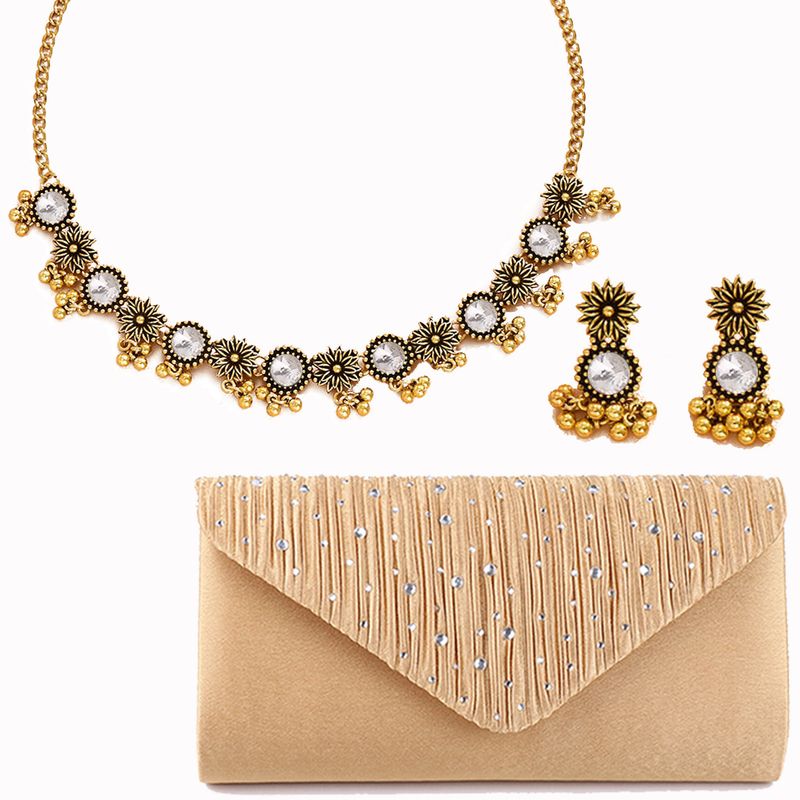 Abendtaschen für Damen, Handtasche, Vintage, Chrysanthemen-Blumenhalskette, schlichte Choker-Ohrringe, dreiteiliges Set für Damen_voghion.com