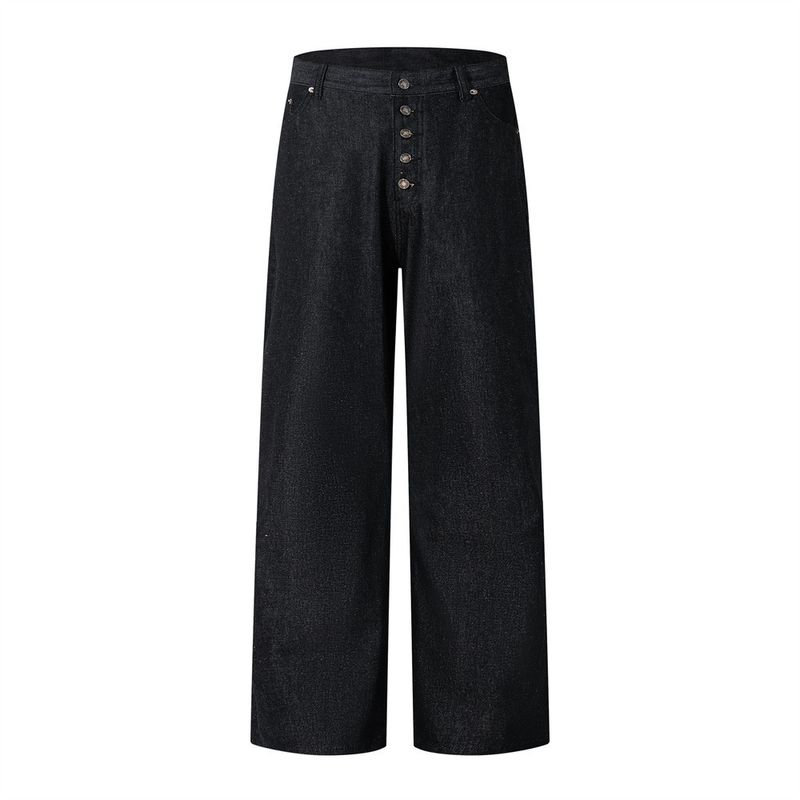 Pantaloni in denim a gamba dritta da uomo – Classici con bottoni (pelle grezza nera, taglie dalla S alla XXL, cotone non elasticizzato)_voghion.com