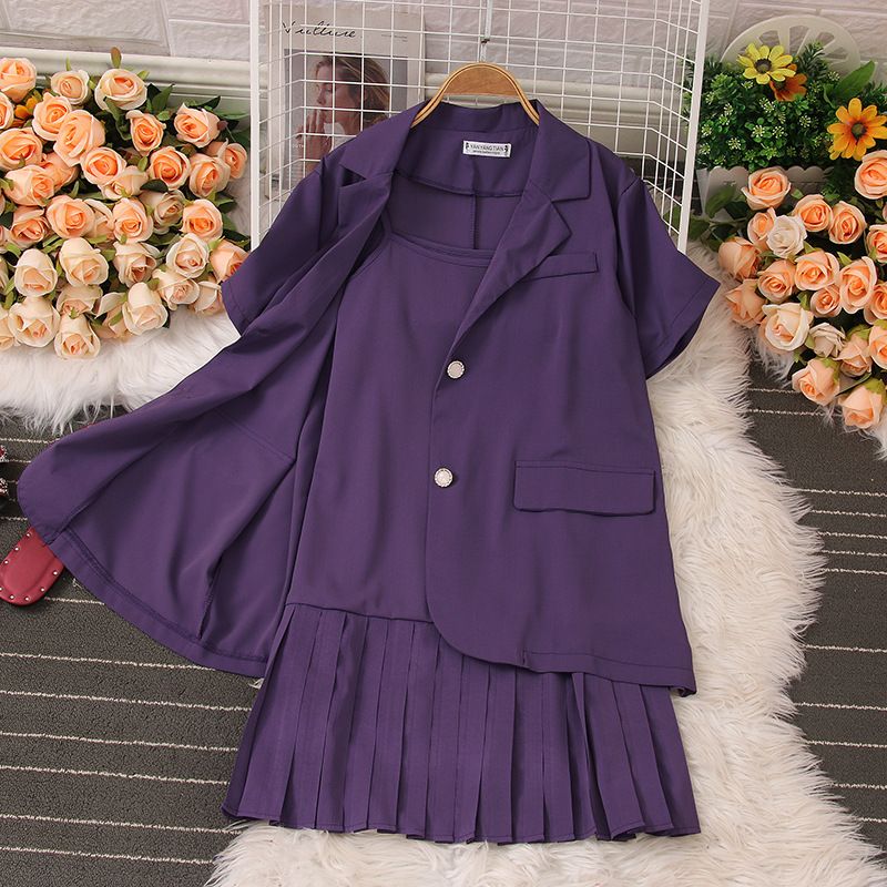 Damenbekleidung Modeanzug Sommer Neue lässige dünne Anzugjacke Hosenträger Plisseekleid Zweiteiliges Set_voghion.com