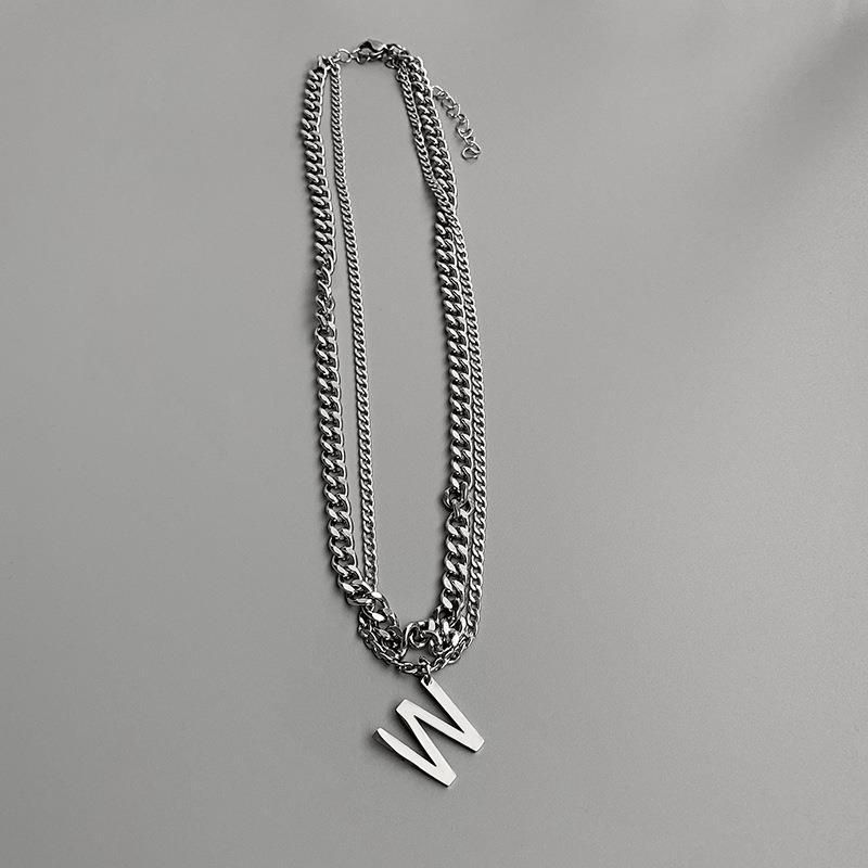 Breiter W-Buchstabe Cuba-Kragen, doppellagige Halskette, Damen-Tredy, Instagram, Hip-Hop-T-Shirt, Chai-Zubehör_voghion.com