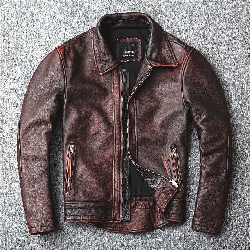 Veste de moto en cuir véritable pour homme, style rétro, effet vieilli, style queue-de-pie, rouge-marron, tailles S à 6XL_voghion.com