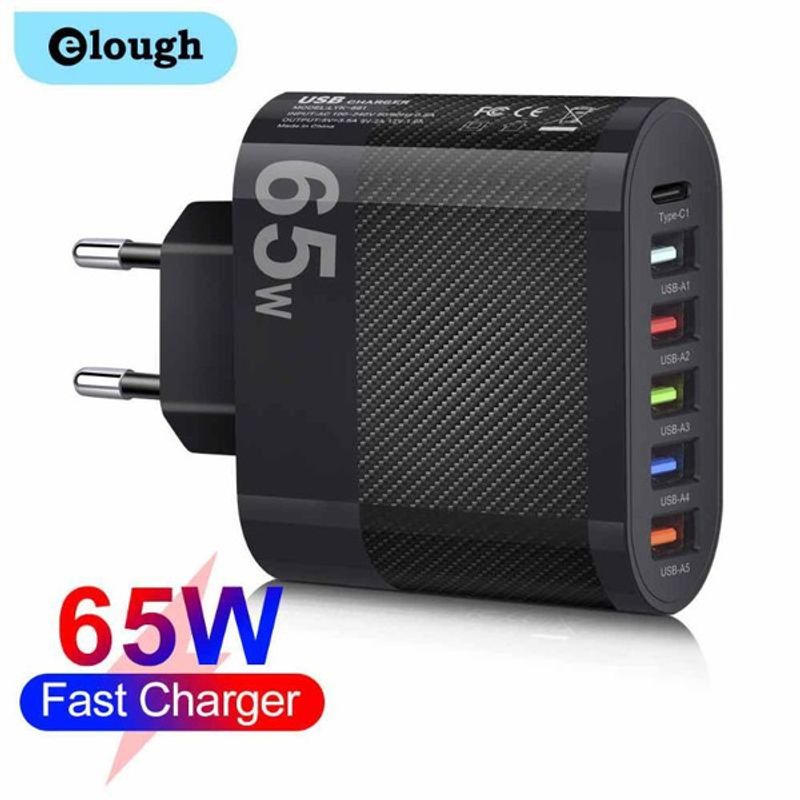 Elough 65W Fast Charger 6 Ports EU US UK Plug Fast Charge PD USB Charger Mobile Phone QC 3.0 Type C Charger For iPhone Xiaomi_voghion.com