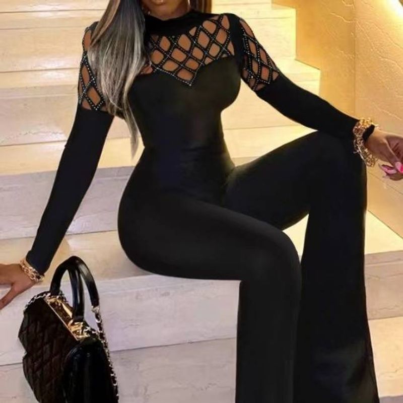 Women's Clothing Fashion Splicing Sexy Diamond Mesh Waist Slim Fit Micro Flared Jumpsuit_voghion.com