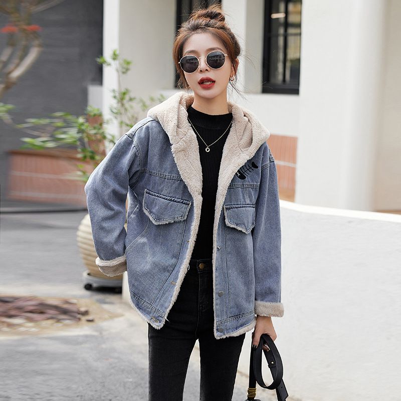 Przytulna kurtka dżinsowa z podszewką z polaru dla kobiet – luźny krótki płaszcz z kołnierzykiem polo, ciepła, zimowa moda dla niskich i wysokich kobiet_voghion.com