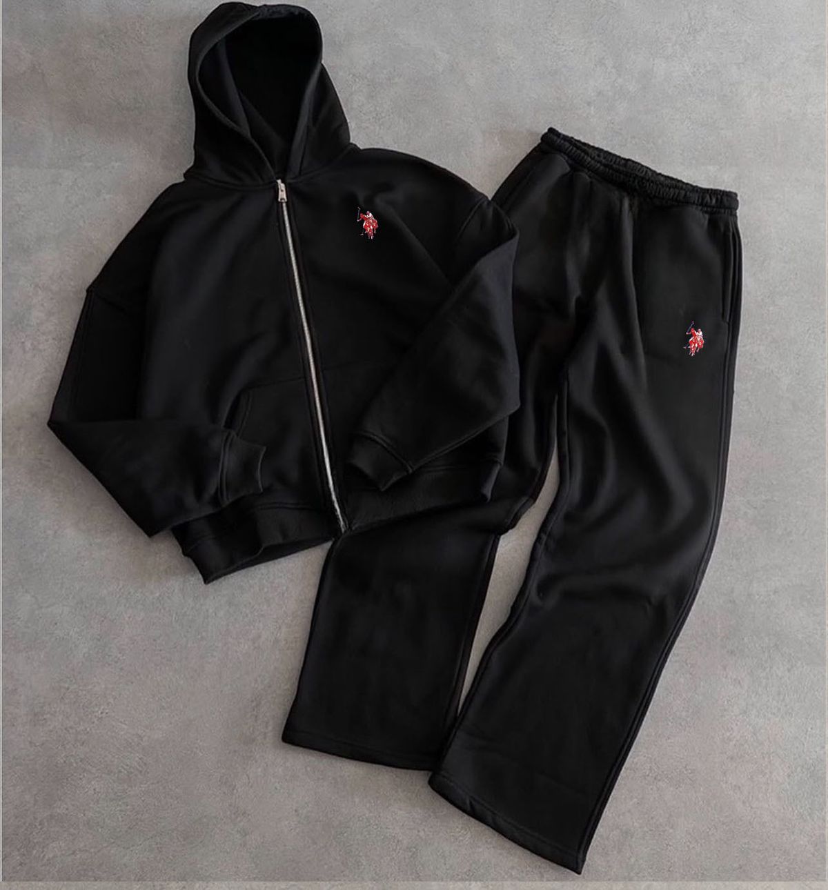 Completo felpa con cappuccio blu navy, pullover invernale in pile con doppia cerniera e ricamo pony, completo casual in due pezzi_voghion.com