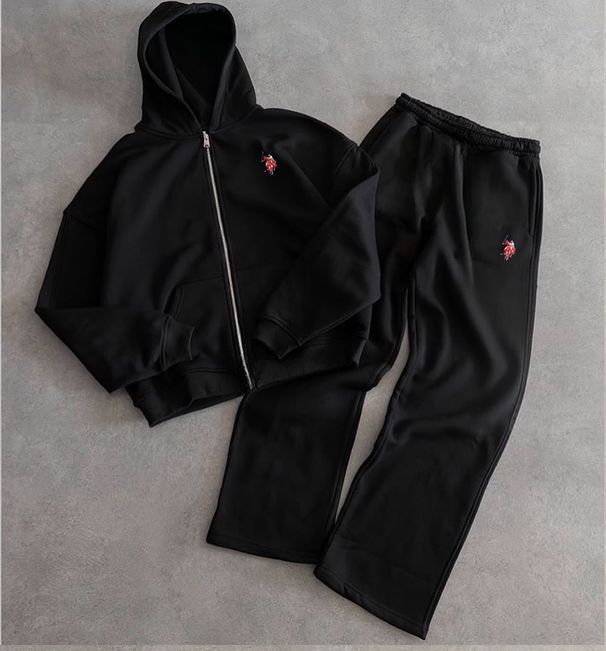 Completo felpa con cappuccio blu navy, pullover invernale in pile con doppia cerniera e ricamo pony, completo casual in due pezzi_voghion.com