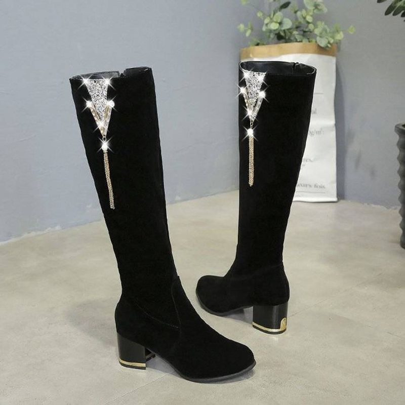 2024 Hierscht a Wanter Nei Laang Déck Héich Heel Abrasiv Lieder Damen Säit Zipper Veet Warm Dënn Knéi Stiefel Damen_voghion.com