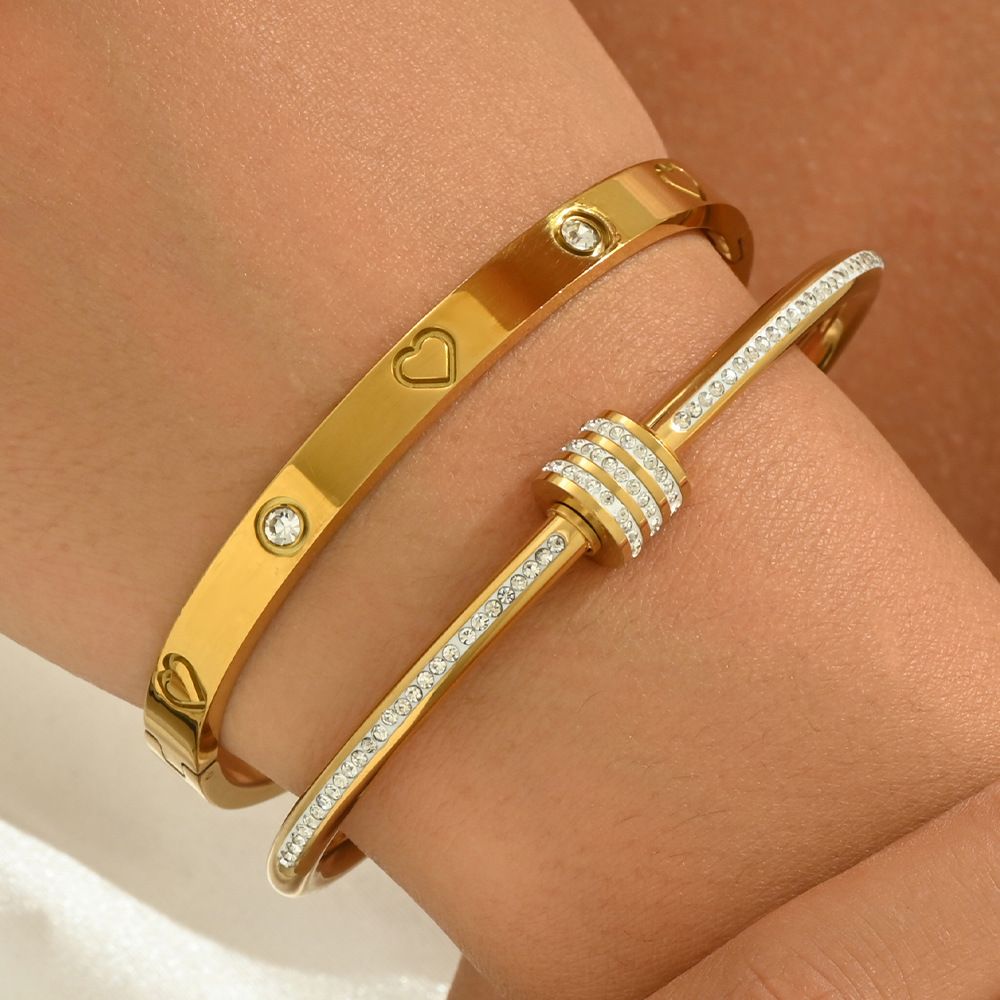 2 pezzi/set in acciaio inossidabile con diamante e chiodo, piccolo bracciale a forma di trifoglio, braccialetti in oro, set di braccialetti in oro_voghion.com