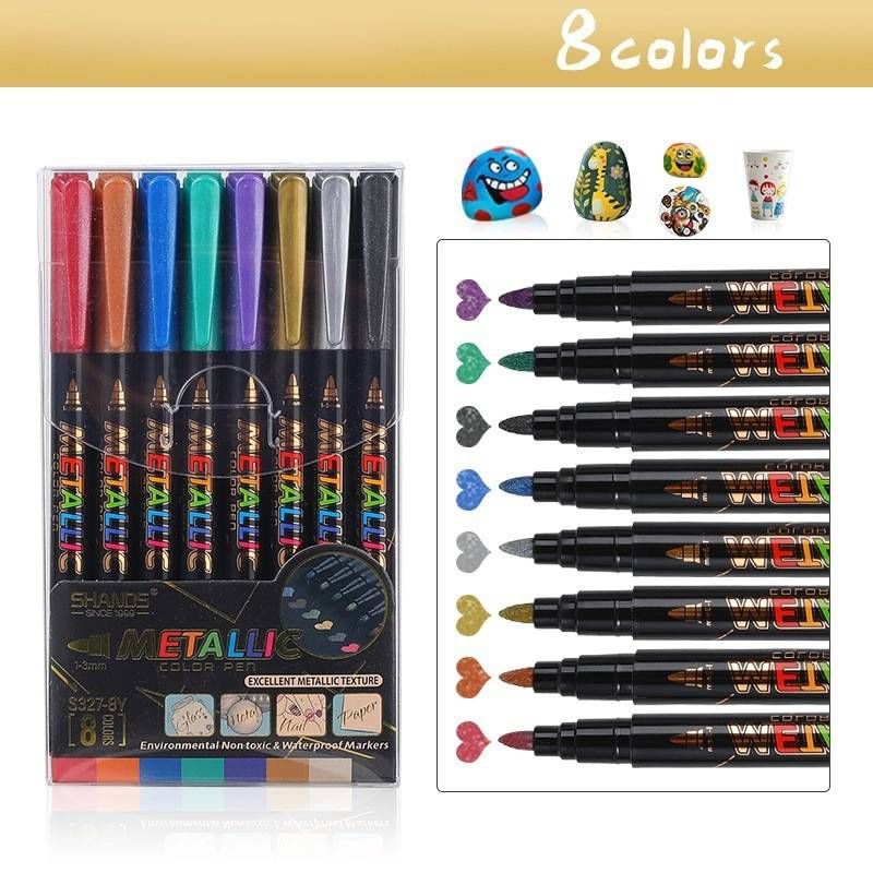 Metallic Brush Pens Set Of 8 - Smooth Fiber Tip Fine Line Markers For Calligraphy, Journaling & Art (1-3mm Line Width, Vibrant Colors)​_voghion.com