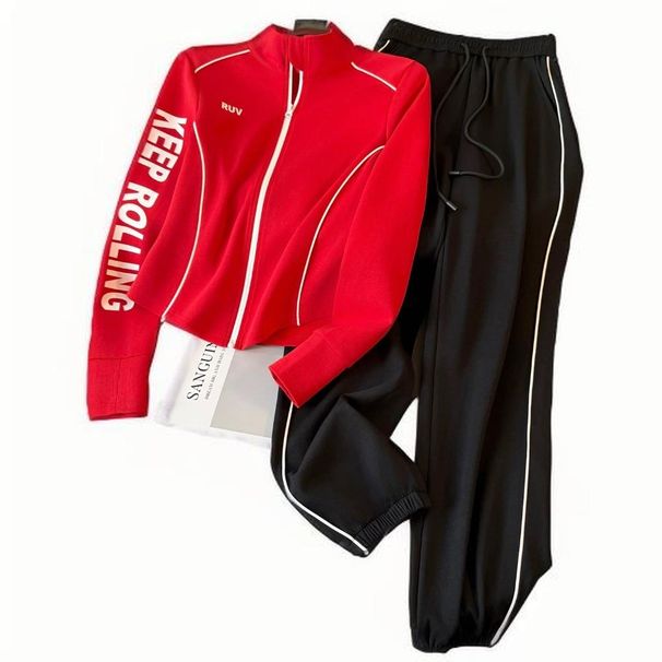 Lässiges Sportbekleidungsset – Kapuzenpullover mit Reißverschluss und schmal zulaufende Hose für Damen (S–XXL, Rot und Schwarz)_voghion.com