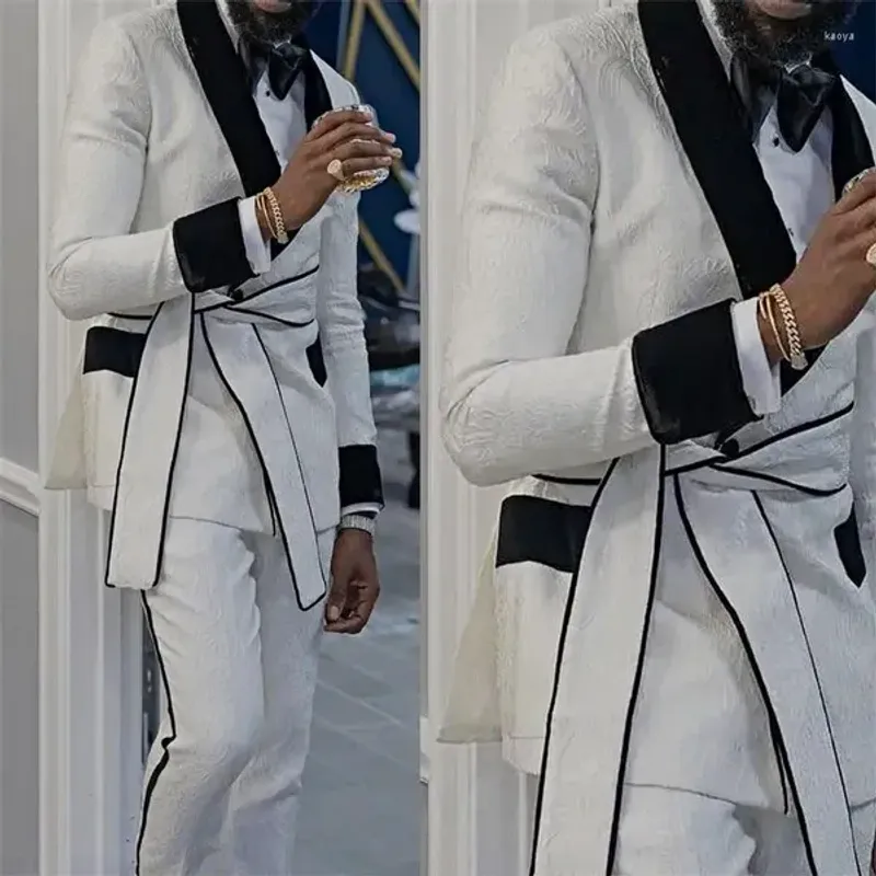Men's Suits 2023 Costume Homme Jacquard Designs Men Suit With Belt Slim Fit 2 Pieces Wedding Tuxedo Prom Party Male_voghion.com