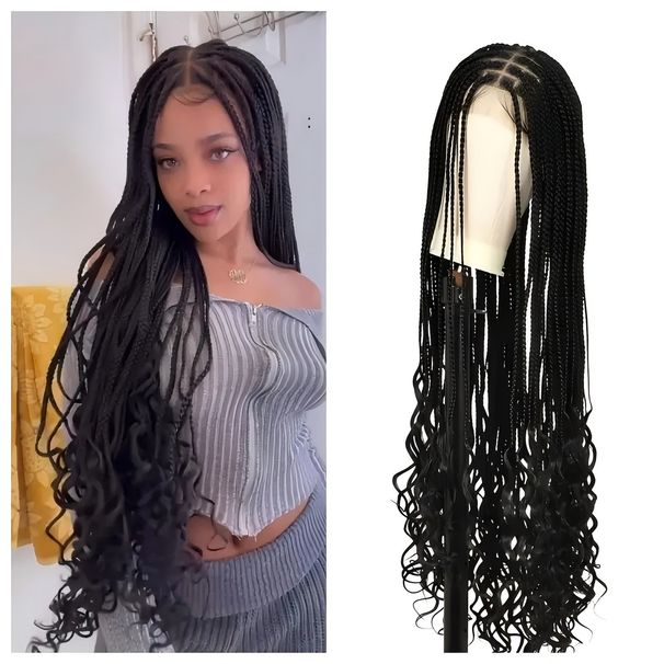 Full Lace Crochet Hair Wig - Three Strand Braid, Box Braids, Dirty Braids Extensions With Flower Tail_voghion.com
